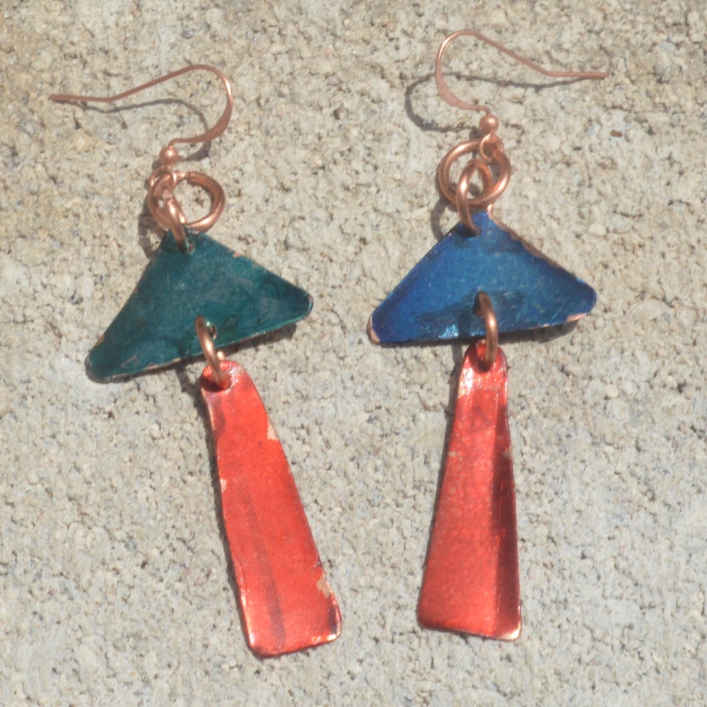 Modernist Geometric Blue Red Dangle Solid Pure Copper Earrings Bohemian Drop - Picture 4 of 5